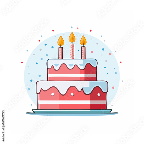 Two-tier birthday cake with lit candles and confetti