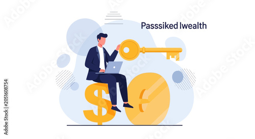 Businessman with Laptop on Dollar Sign, Holding Golden Key, Euro Coin, symbolizing Financial Success and Investment Opportunities