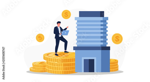 Businessman with Laptop on Stack of Coins Near Modern Building and Dollar Signs - Business Growth and Investment Concept