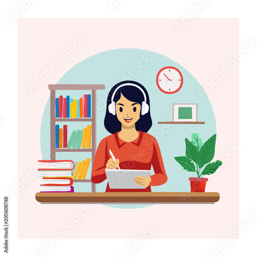 Woman wearing headphones studying at a desk with books