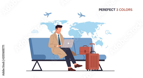 Businessman with laptop and luggage waiting at airport departure lounge, world map and planes in background