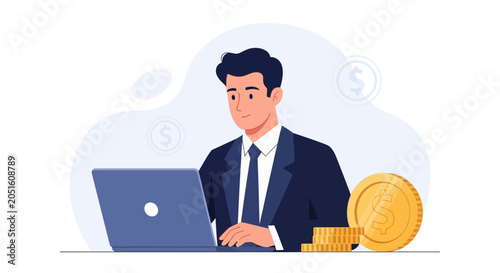 Businessman Working on Laptop with Coins, Illustrating Financial Growth and Online Business Concepts