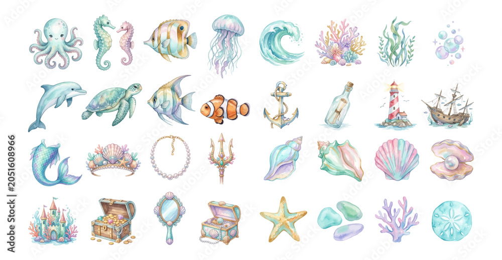 Fototapeta premium Ocean Sea Life Watercolor Vector Set with Coral Reef Fish and Dolphin