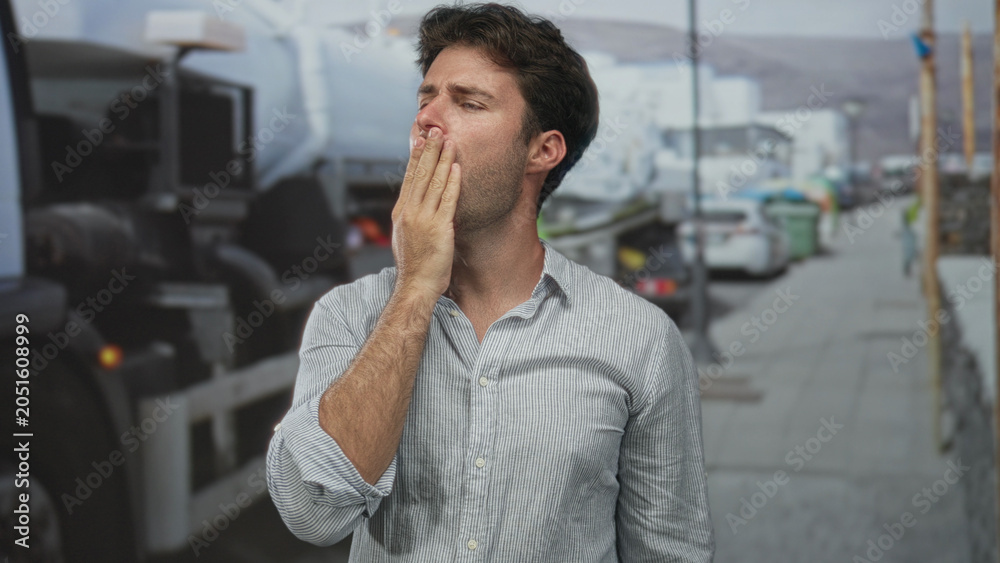 Fototapeta premium Man with bare forearms raised and grimacing gesture on street near parked truck and sidewalk; frustration determination.