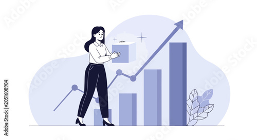 Businesswoman building success with a growing graph and upward trend, symbolizing progress and achievement in a modern flat illustration style.