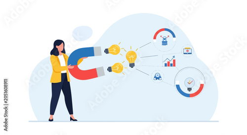 Businesswoman attracting ideas with a magnet, symbolizing innovation, strategy, and success in modern business.