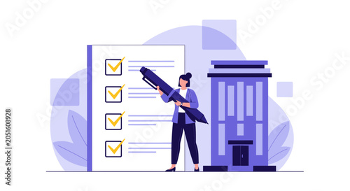 Businesswoman checking off tasks on a large checklist next to an office building, symbolizing project completion and business success.