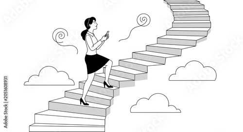 Businesswoman climbs stairs to success, holding smartphone, with clouds and stylized wind elements