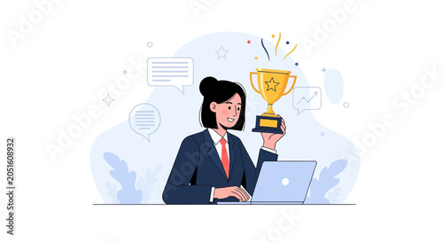 Businesswoman celebrating success with a trophy while working on a laptop, symbolizing achievement and recognition in the workplace.