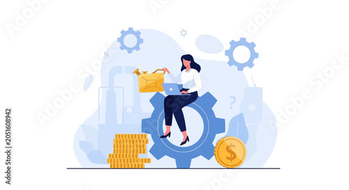 Businesswoman fuels financial growth by managing online systems and investments with laptop and watering can.