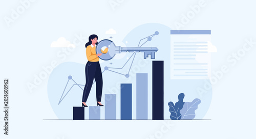 Businesswoman holding a large key standing on a bar graph, symbolizing success, strategy, and growth.