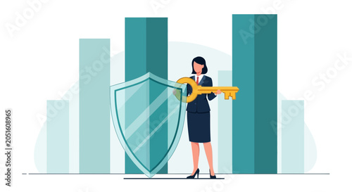 Businesswoman holding a key and shield with bar chart background representing security and success