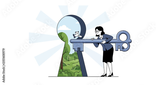 Businesswoman holding a large key to unlock a green landscape seen through a keyhole shape, symbolizing opportunity and new beginnings