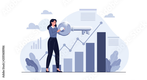Businesswoman Holding Key to Success with Growing Data Charts and Graphs Illustration