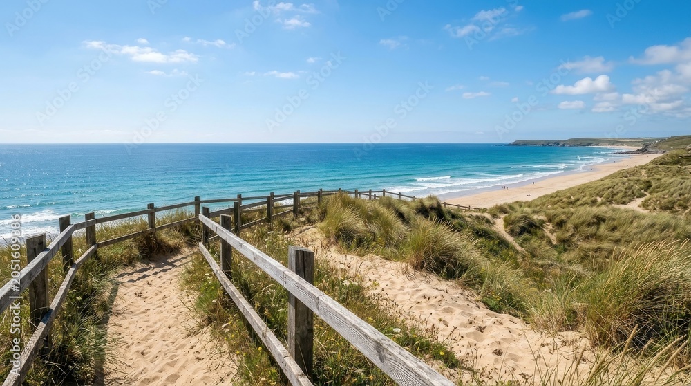 Fototapeta premium Sunny beach dunes and a wooden fence along the coastline with ocean views for a summer vacation. Peaceful seashore landscape for a