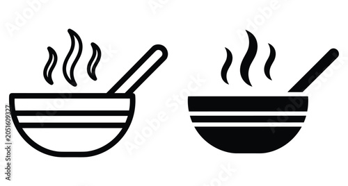 Hot soup bowl icon set with steam and spoon for restaurant menu food service kitchen cooking meal dinner soup bowl