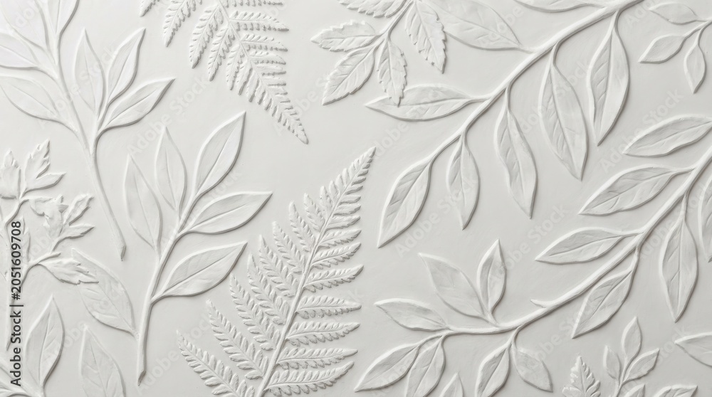Fototapeta premium White embossed leaf relief texture background with a botanical pattern on a plaster wall panel. Elegant neutral masonry surface