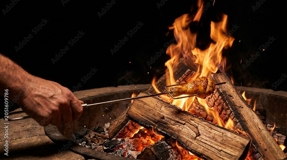 Fototapeta premium Chicken roasting over open campfire with glowing flames at night