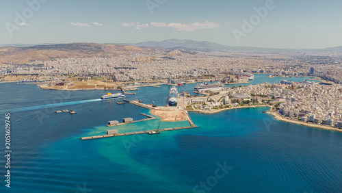 Obraz na plátně Aerial drone view of Piraeus port in Athens, Greece on a sunny day