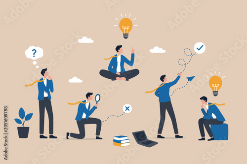 Think different to create unique idea, try another solution to solve business problem, creativity to develop and discover new thing, businessman try different pose to think with idea light bulb