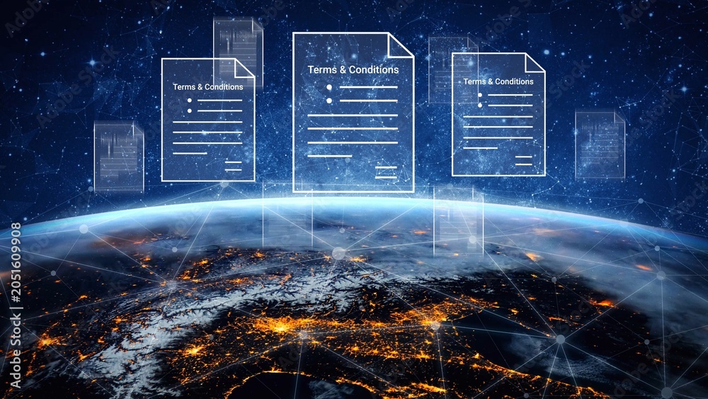 Obraz premium Abstract representation of digital terms and conditions over a glowing Earth with network connections illustrating the concept of digital agreements and global communication Gluon.