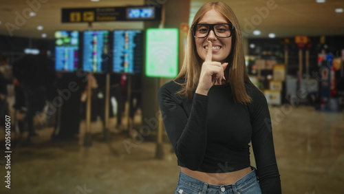 Obraz na plátně Redhead woman wearing glasses presses index finger to lips for silence in a busy airport terminal check in area; playful secrecy