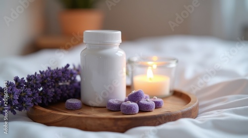 Melatonin gummies jar with lavender, natural sleep support, calming bedtime ritual