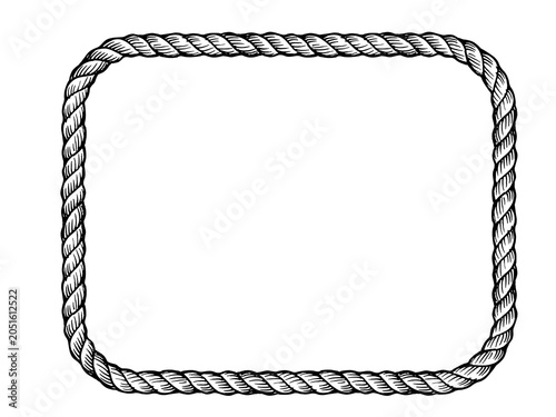 Hand-drawn rectangular rope frame illustration with rounded corners, nautical themed border in black and white sketch style