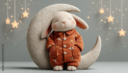 Sweet dreams concept with cute cartoon bunny asleep next to a stone moon figurine on grey background.
