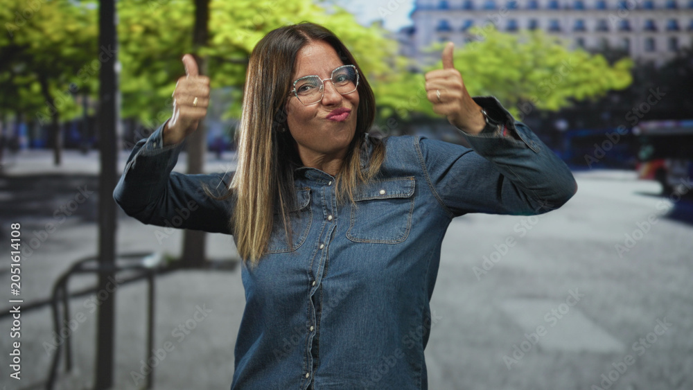 Fototapeta premium Woman showing two thumbs up with visible hands and denim shirt on a street, wearing glasses and a ring, framed by trees and a bus; approval confidence.