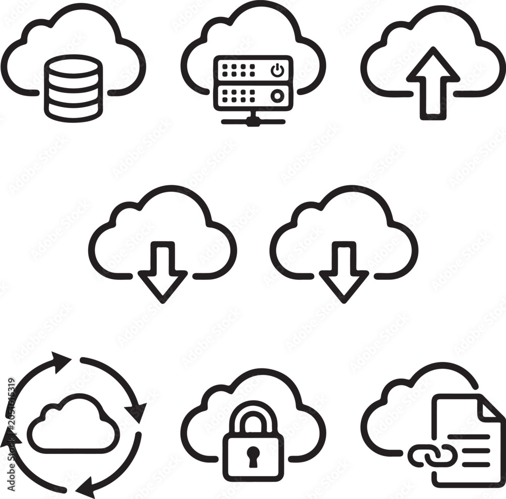 Obraz premium Cloud computing icon set, data storage symbols, server network vector, download and upload cloud signs, digital database illustration, sync technology icons, cyber security cloud, information technolo