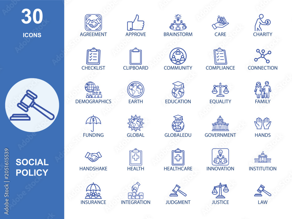 Fototapeta premium Social Policy Vector Icon Set Law Justice Government Society Rights Equality Legal Court Protection Line Illustration