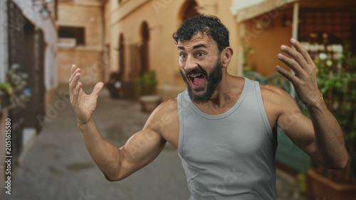 Foto Man bearded and middleaged gesturing with open hands and animated face in a narrow sunlit street beside terracotta buildings, wearing a grey tanktop; joy playful energy