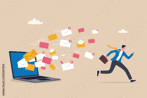 Email overload too many junk mails that reduce efficiency and productivity in work and time management concept, businessman office guy run away from overload flying mail letter from computer laptop
