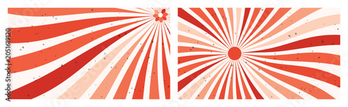 Vintage sunburst backgrounds with wavy red and beige rays in retro groovy pop art aesthetic.