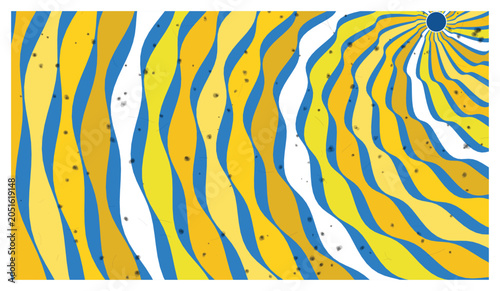 Yellow and blue wavy stripes with sunburst effect and speckles abstract background.