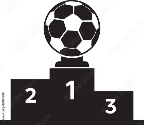 A black and white illustration of a soccer ball on a podium with steps numbered one two and three