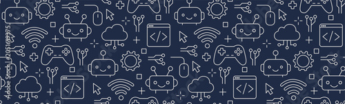 Horizontal seamless vector pattern with robot faces, gamepads, cloud tech, and school coding icons. Educational science background for elementary kids school stationery, web banners. dark blue white