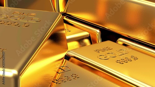 Shiny gold bullion bars stacked together as the camera slowly pulls back across reflective ingots in a luxurious close-up 3D render