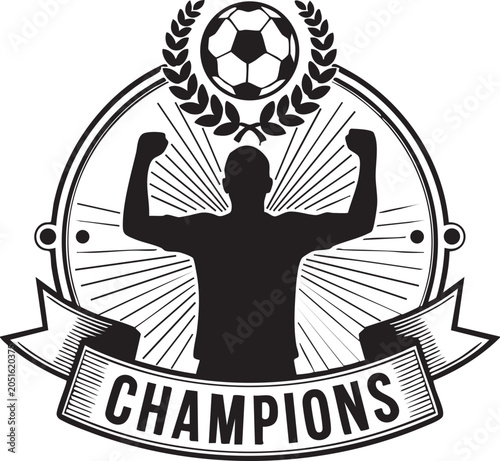Black and white illustration of a champion soccer player