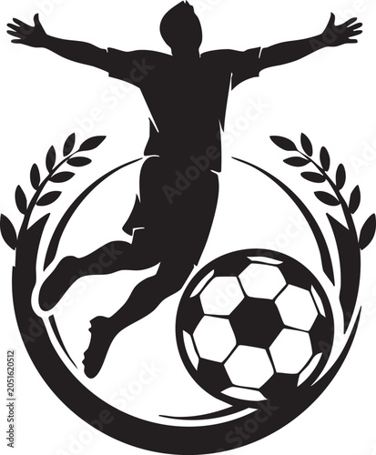 Silhouette of a soccer player kicking a ball with laurel wreath