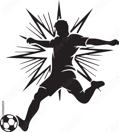 Black silhouette of a soccer player kicking a ball with dynamic lines