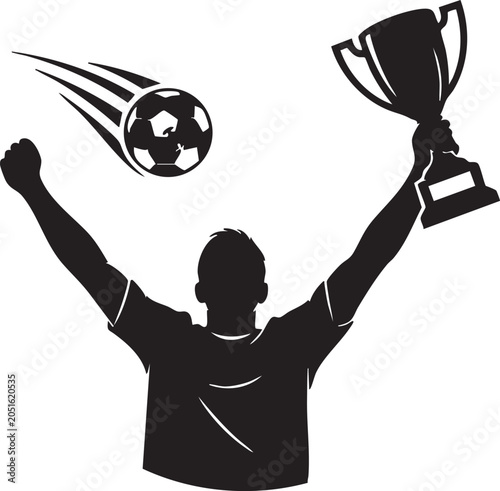 Silhouette of a soccer player celebrating with trophy and flying ball