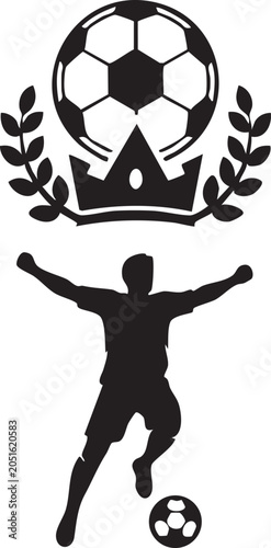 Black silhouette of soccer player kicking ball with crown and laurel
