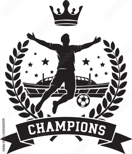 Black silhouette of soccer player kicking ball with crown and laurel wreath