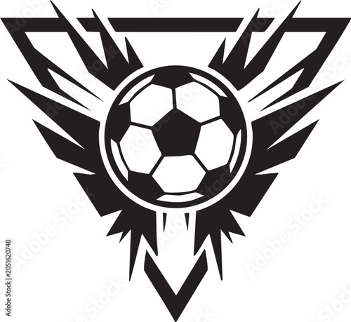Black and white soccer ball with abstract wings and triangle
