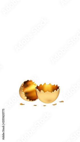 Broken golden eggshell halves and small fragments rest on a white background with subtle shifting reflections in a minimalist 3D render