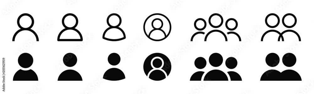 Naklejka premium Set of user profile and group icons in outline and solid fill styles, representing single individuals and multiple people for digital interfaces and applications.