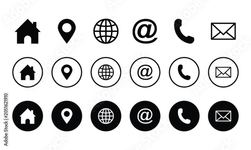 Set of essential contact information icons in three distinct styles, including home, location pin, globe, email, phone, and message symbols, for digital communication and web design.