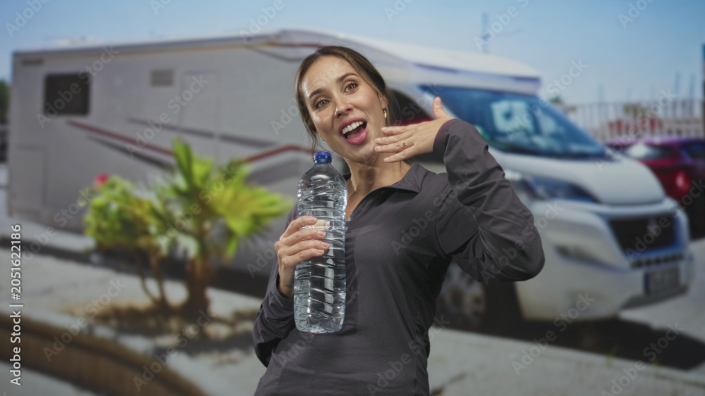 Fototapeta premium Woman holding a large water bottle and waving her hand in a sunny street beside a parked camper van and palm plant; cheerful travel.